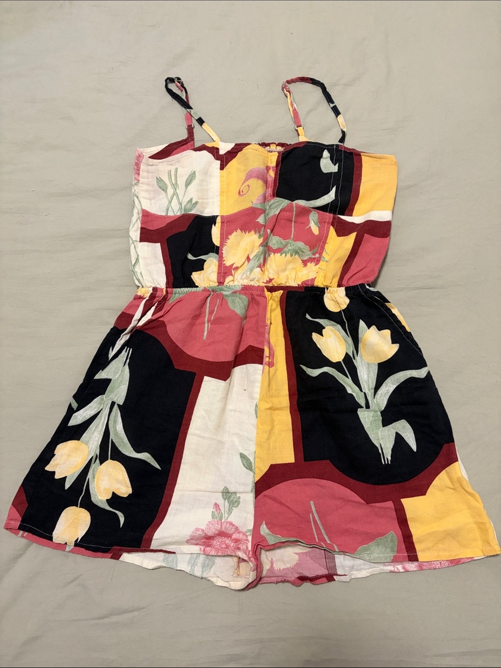 Floral Patchwork Tank Romper - Yellow, Black, Red